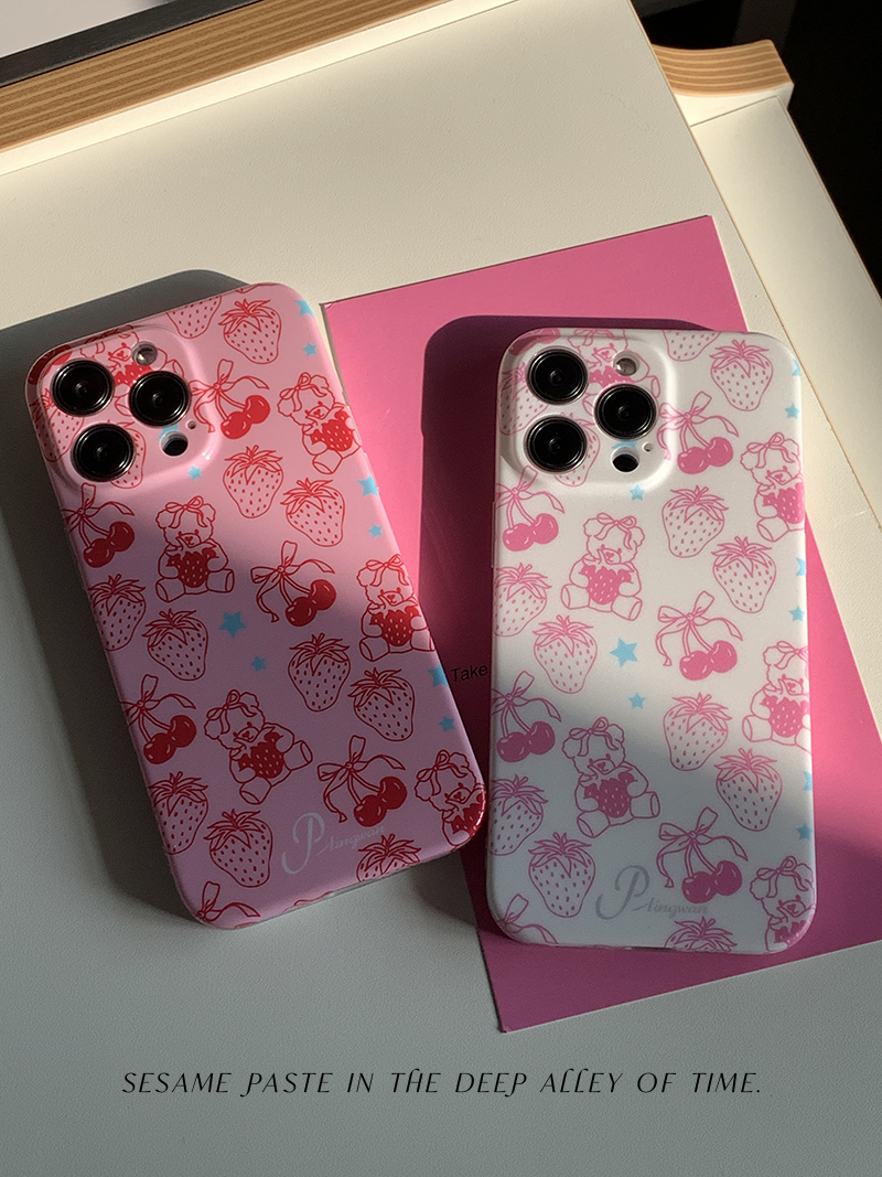 PANLINGWAN草莓小熊樱桃图案粉色磨砂亮面imd手机壳软适用于iPhone15promax全包精孔