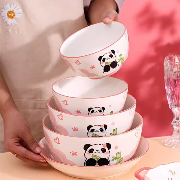 雅诚德熊猫一家人卡通可爱饭碗菜盘子陶瓷碗釉下彩餐具微波炉适用