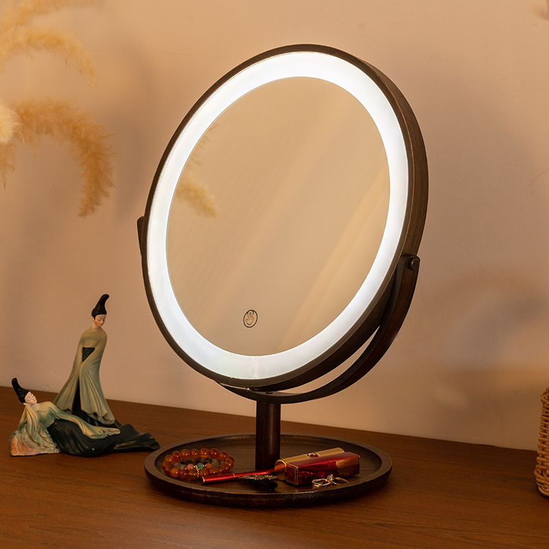 新中式复古楠竹化妆镜带灯家用桌面木质可旋转卧室台式镜子非实木