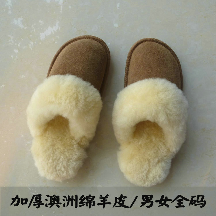 外贸出口羊毛拖鞋 澳洲皮毛一体拖鞋加厚纯羊毛男女大码棉拖保暖