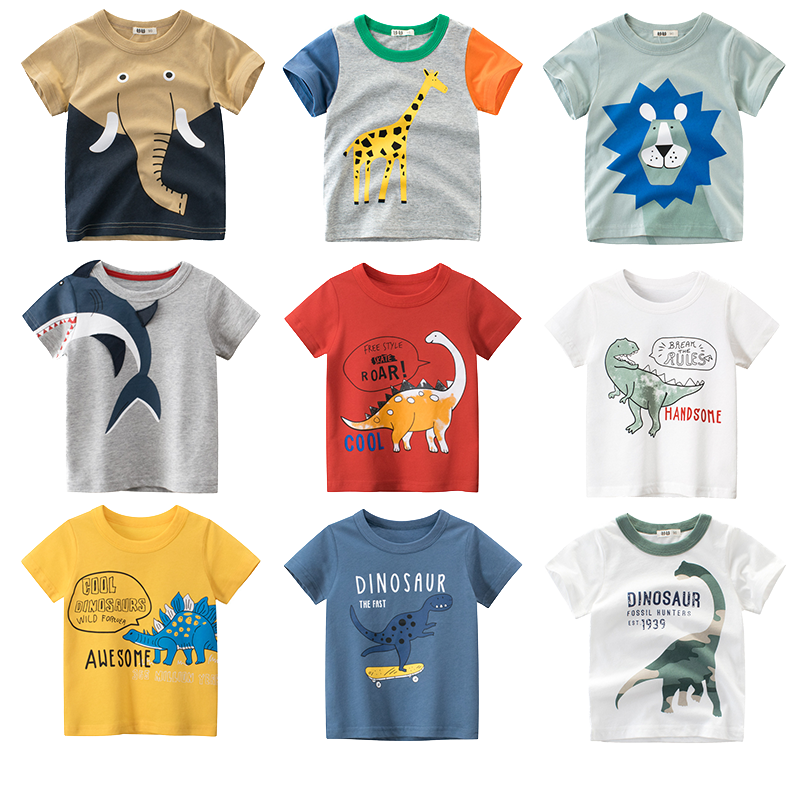 27kids品牌跨境纯棉童装短袖T恤男童卡通恐龙动物儿童宝宝夏装韩