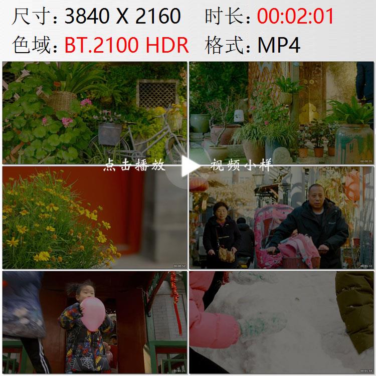 北京东四花店养花胡同行人喜庆放气球中国元素打雪仗实拍视频素材
