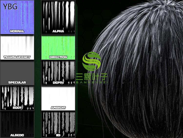 28款插片毛发贴图 颜色法线深度反光贴图 alpha头发建模素材3069