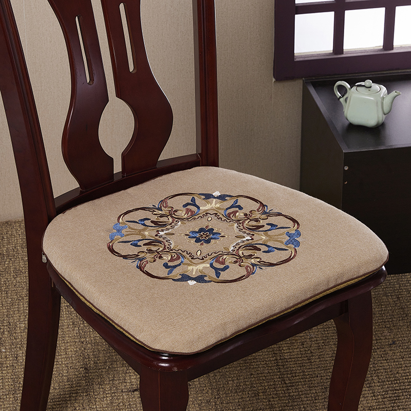 新中式刺绣餐椅垫棉麻加厚坐垫实木椅子垫防滑椅座垫带绑带可拆洗