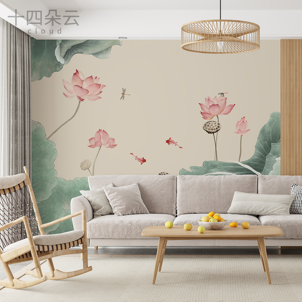 新中式定制壁画荷花荷叶鱼墙布客厅沙发电视背景墙壁纸影视墙壁布