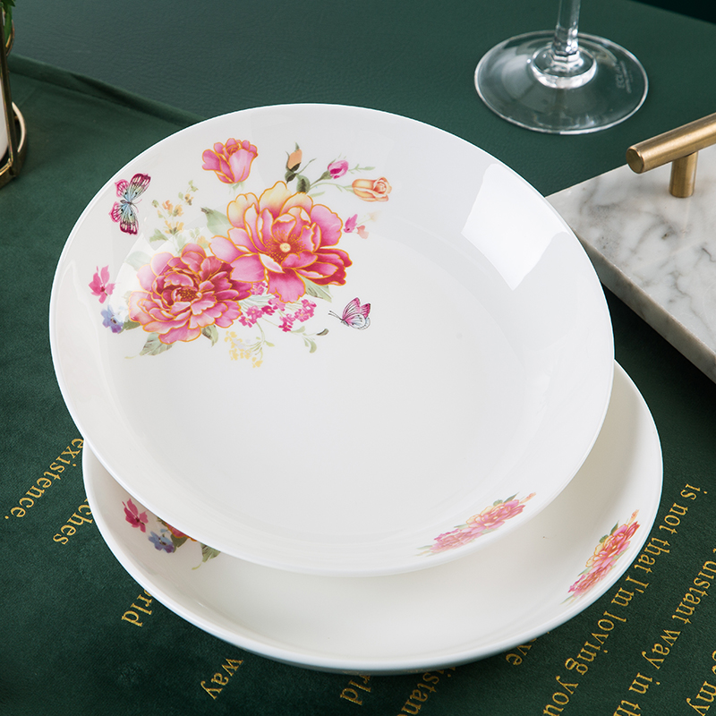 景德镇中式碗碟餐具组合家用骨瓷圆形炒菜盘简约花卉7/8英寸菜碟