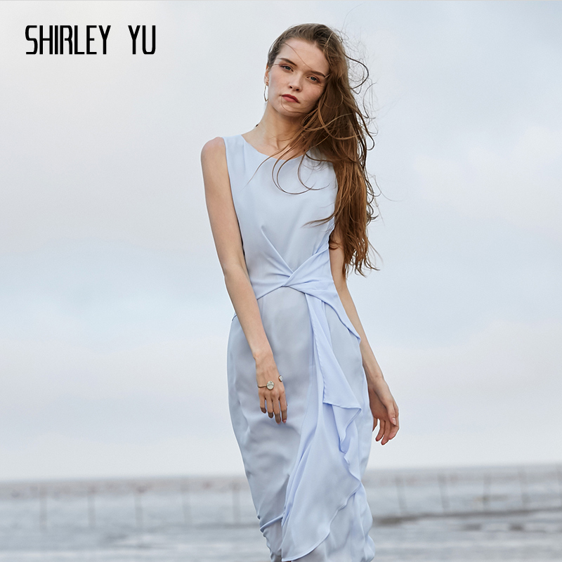 SHIRLEY YU2024夏新款原创设计出游蓝色不规则下摆连衣裙修身礼服