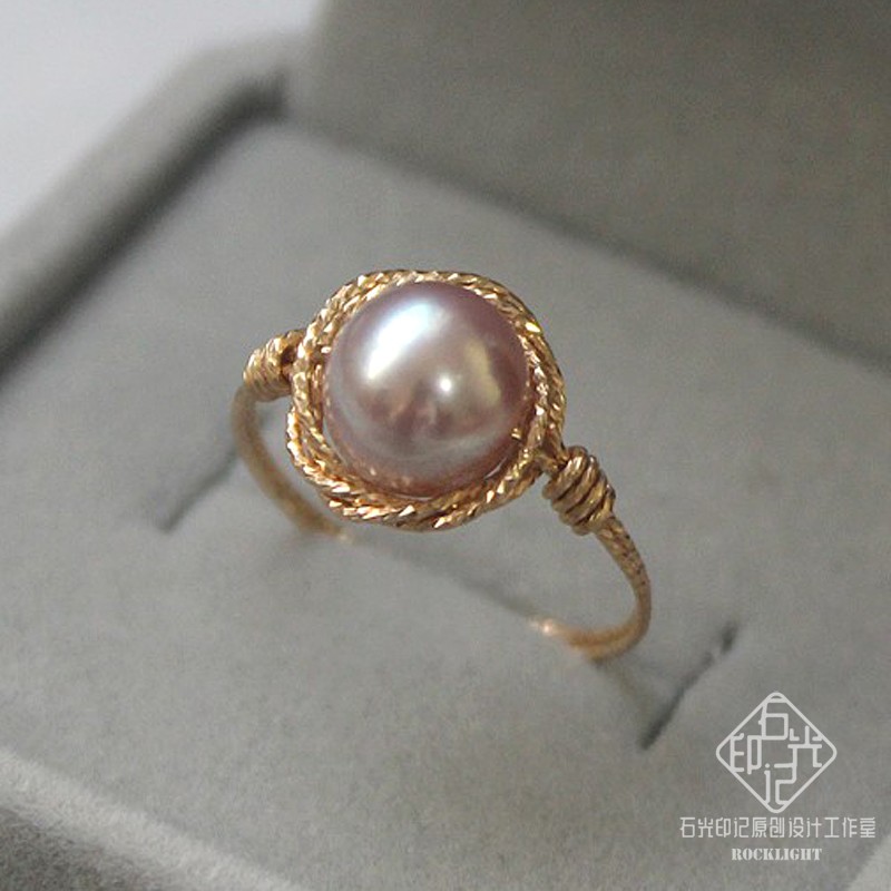石光印记9mm天然紫珍珠戒指时尚气质不褪色14k注金复古缠绕设计