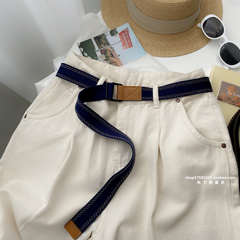 布丁和夏天~超韩系方形双环扣帆布腰带拼皮休闲裤带装饰个性男女