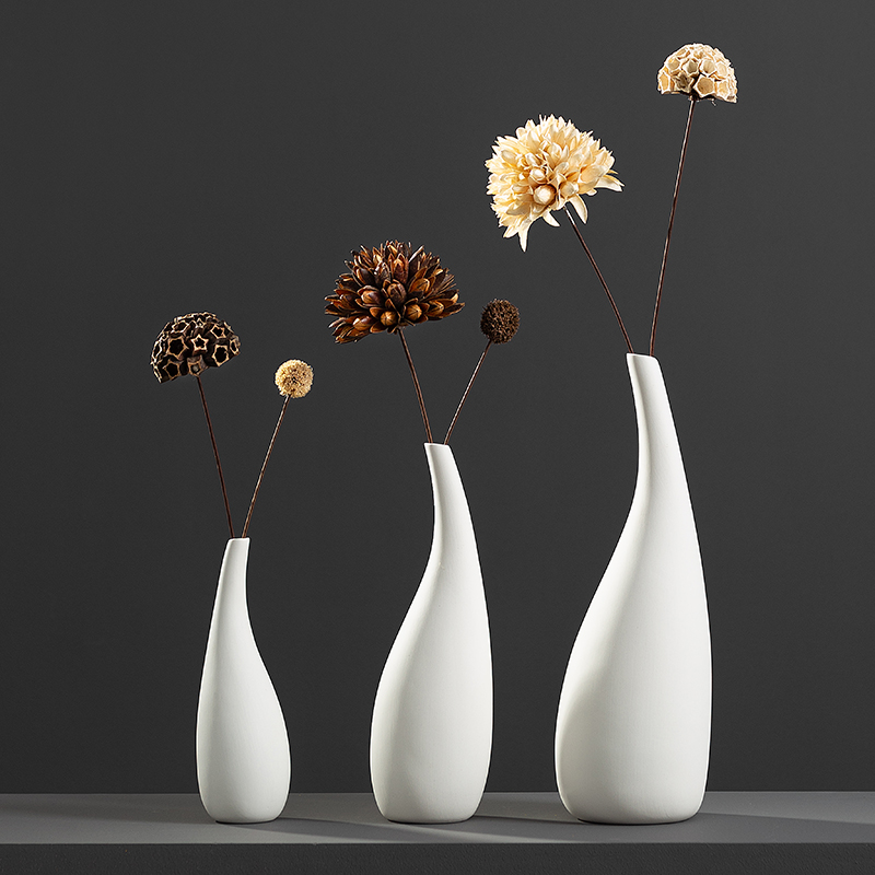 日式简约水滴型白色陶瓷干花花瓶北欧摆件客厅插花家居装饰小清新