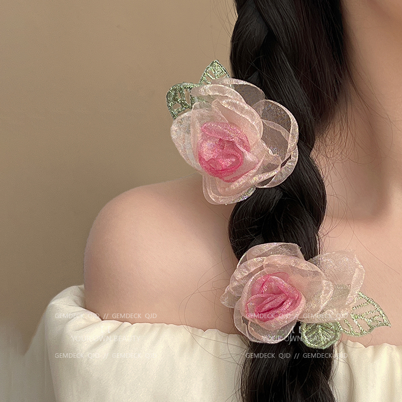 超仙森系欧根纱玫瑰花朵发夹女秋季新款侧边夹高级感气质发饰头饰