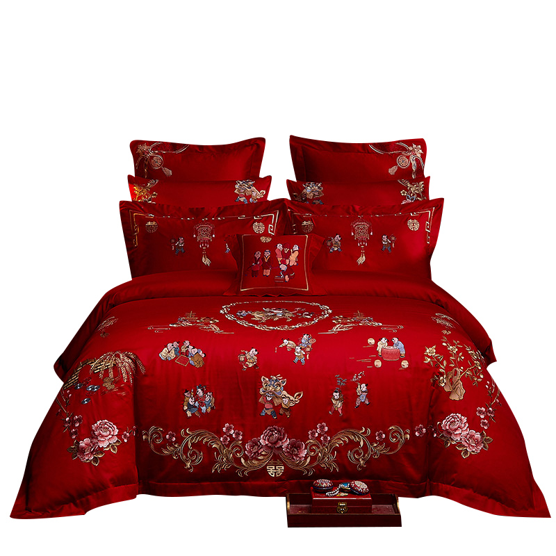 百子图四件套婚庆大红刺绣纯棉结婚新婚礼婚床被套床盖六八十件套