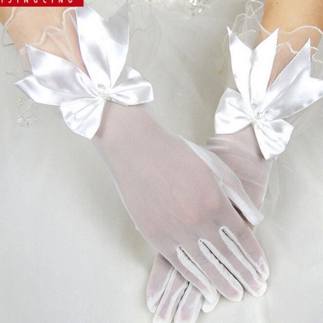 婚纱手套新娘白色蝴蝶结蕾丝花边手套 结婚短手套