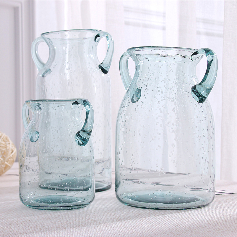 清新田园双耳气泡玻璃花瓶现代简约蓝色透明玻璃花器花仙子家居