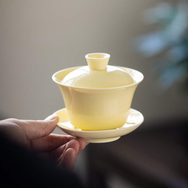 陶瓷三才盖碗单个家用纯色简约泡茶器中号敬茶碗黄色功夫茶具茶杯