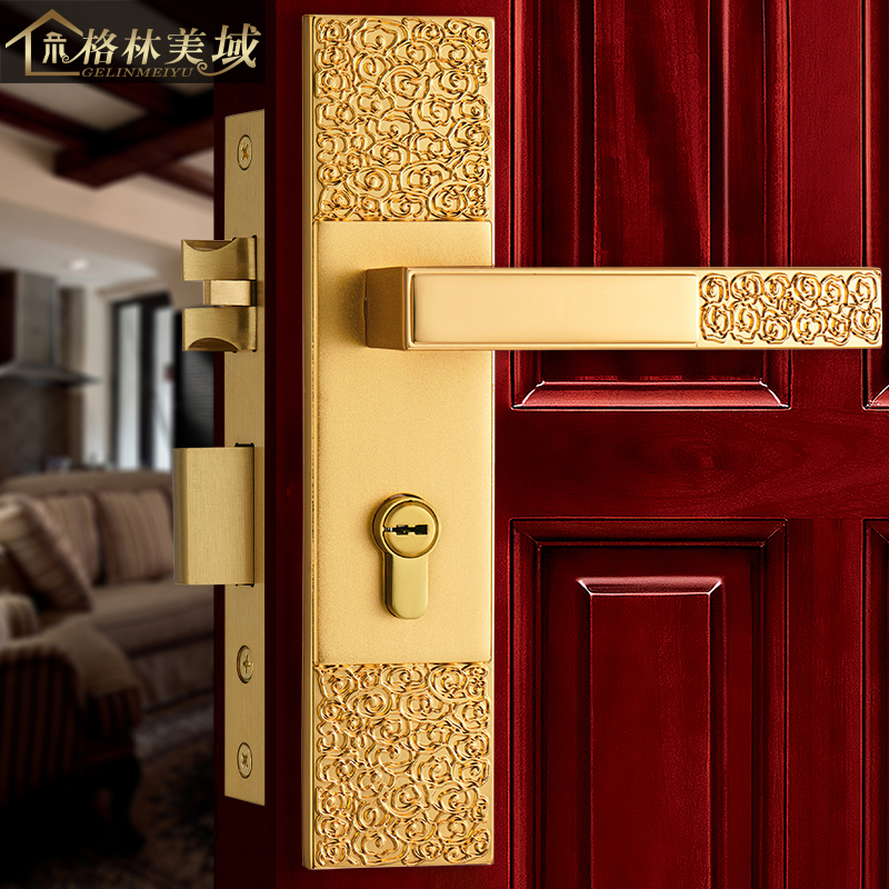 格林美域 黄铜实木门锁 祥云新中式仿古门锁 室内卧室房门锁