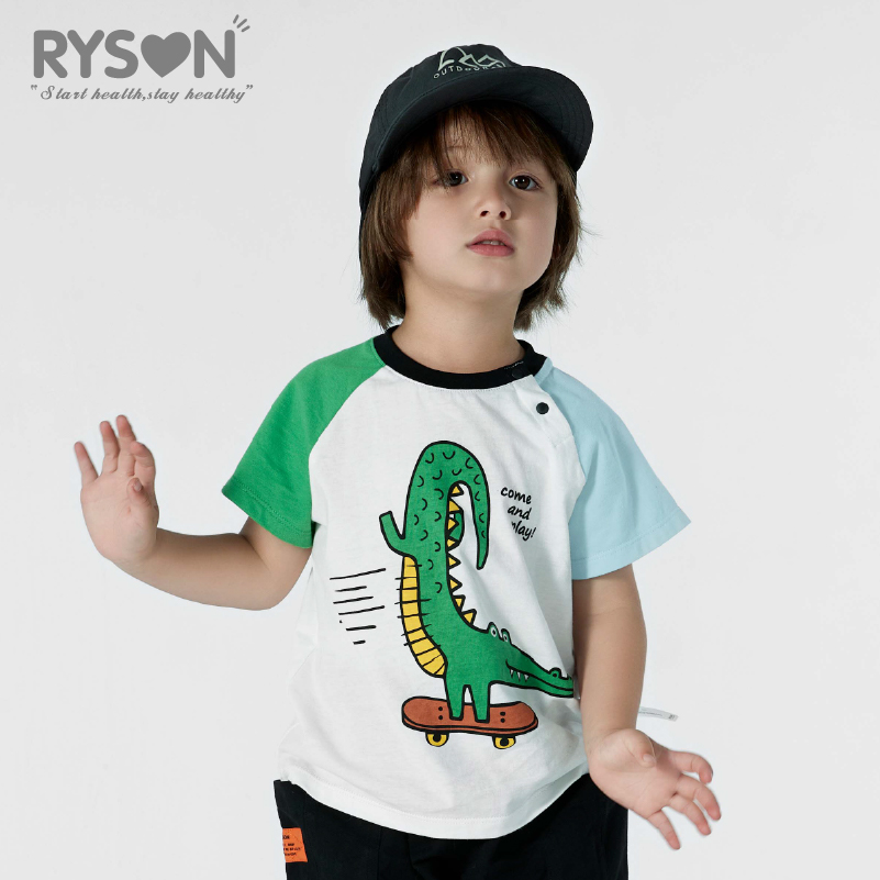 RYSON潮童装夏季新上衣男女童本白色鳄鱼短袖插肩圆领T恤