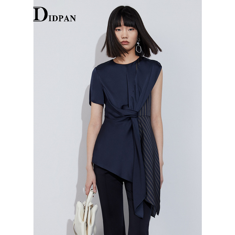 IDPAN女装商场同款夏季新款百搭撞料设计简洁圆形领梭织上衣女