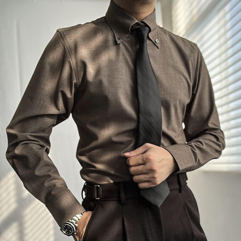 MUSHEN慕绅咖啡色扣尖领衬衫复古时尚修身休闲免烫高级感长袖衬衣