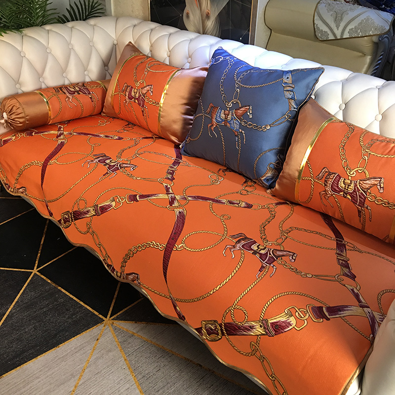 防滑沙发垫四季通用坐垫橙色现代简约客厅贵妃布艺沙发坐套罩定做
