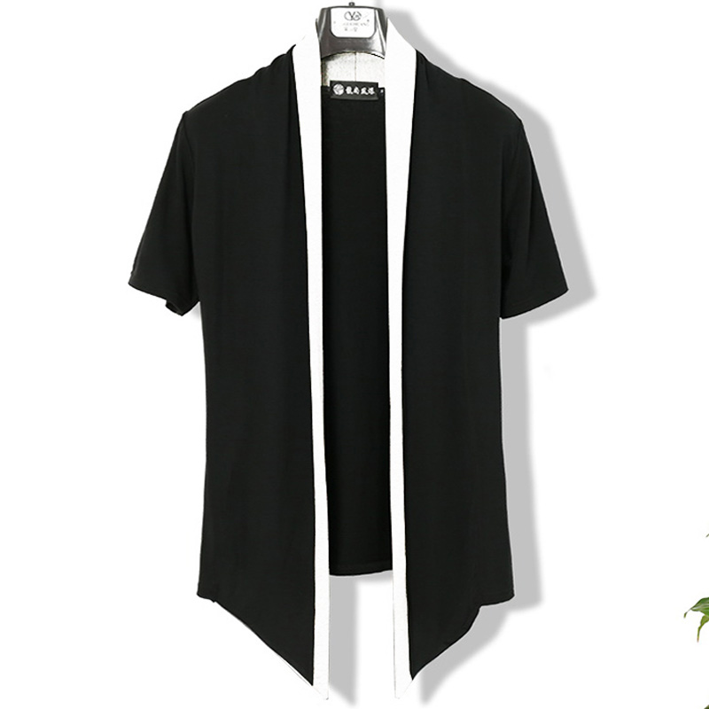 夏季男短袖开衫韩版潮流个性薄款针织衫外套青年黑色休闲半袖上衣