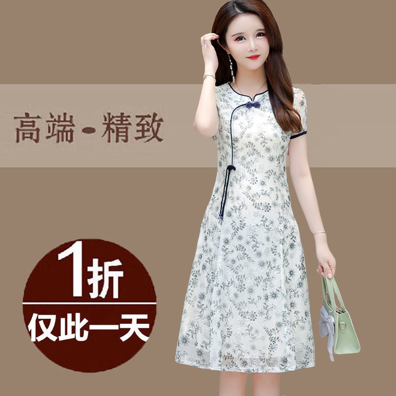 品牌杭州真丝连衣裙女专柜2023新款夏季轻奢妈妈装重磅桑蚕丝裙子