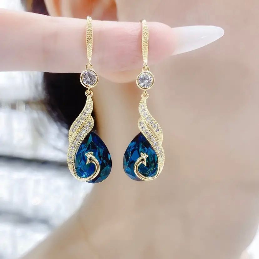 设计感时尚蓝色孔雀水晶耳环韩国气质凤凰耳坠级感轻奢网红耳饰