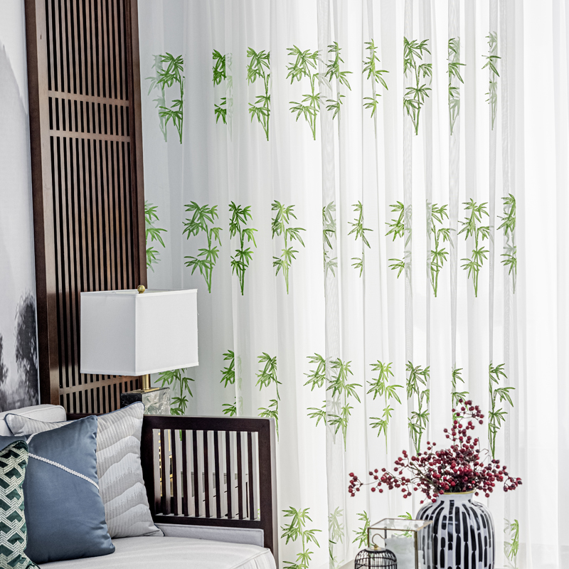 现代新中式窗帘绿色竹子纱帘客厅书房隔断画室客栈透光中国风窗纱