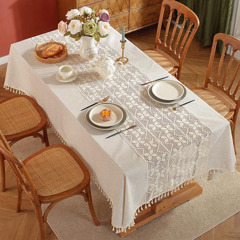 美式田园风桌布纯色轻奢蕾丝花边拼接工艺茶几台布餐桌布现货