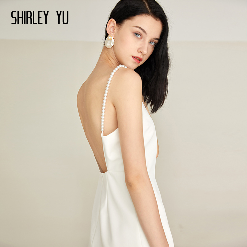 SHIRLEY YU2024春夏新款女装高贵露背白色珍珠吊带聚会礼服连衣裙