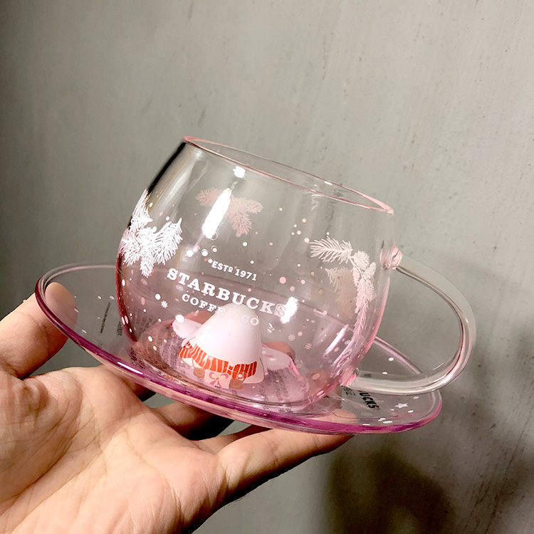 星巴克杯子 正品2019圣诞周年庆女神 立体麋鹿透明粉色玻璃杯碟子