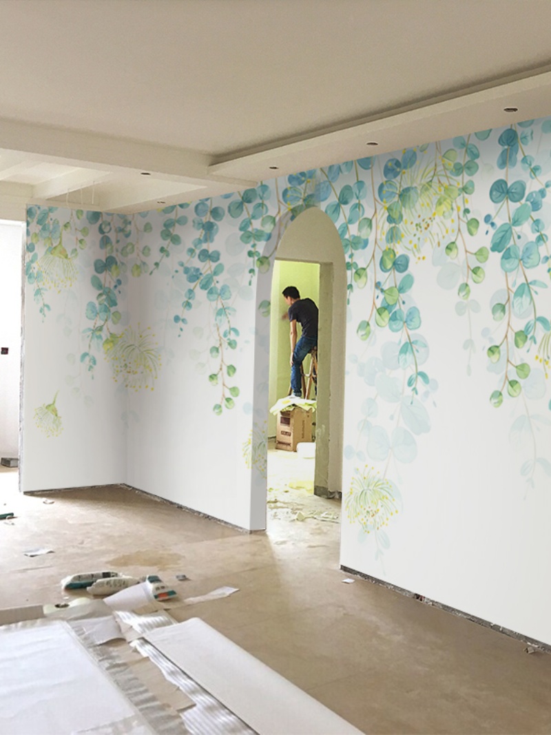北欧墙纸清新绿色叶子现代简约客厅沙发电视背景墙壁纸卧室壁画
