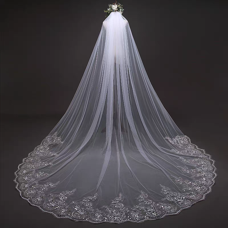 新娘结婚3米刺绣白色绣花蕾丝花边时尚高奢法式拖尾旅拍头纱
