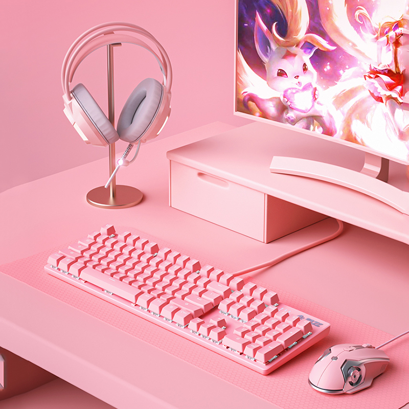 黑爵机械键盘女生樱花粉色游戏电竞鼠标套装104青红轴办公笔记本