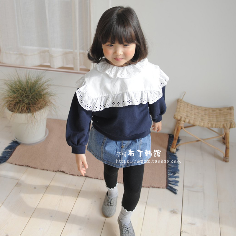 布丁家韩国进口童装南大门春季女童娃娃领卫衣儿童棉套头上衣W971