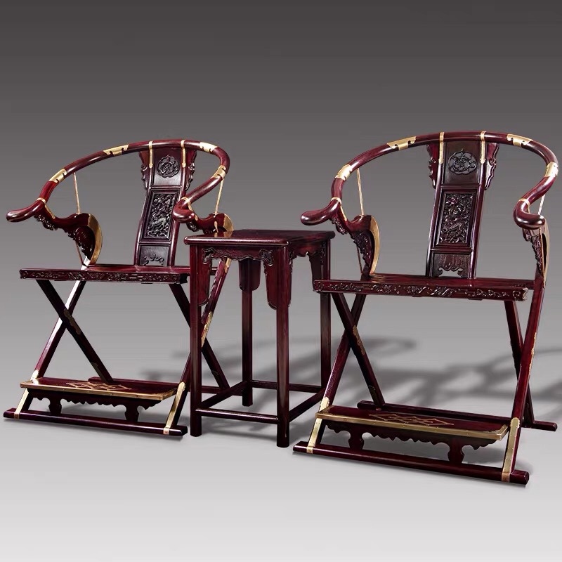 赞比亚血檀麒麟交椅三件套红木明清中式紫檀家具折叠椅太师椅圈椅
