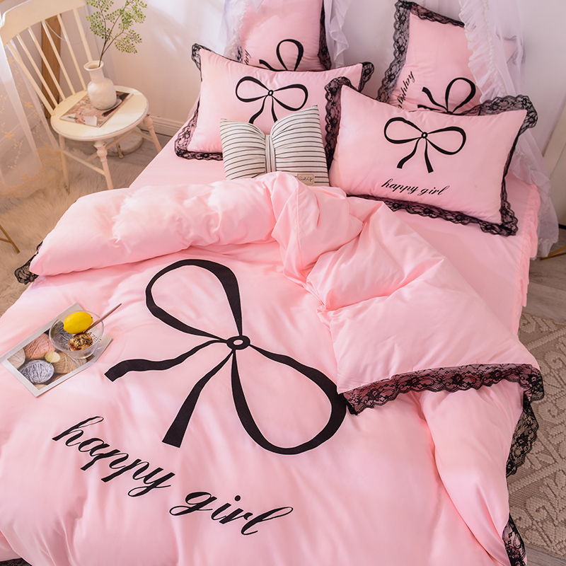 网红款粉色少女心公主风全棉床裙纯棉四件套可爱床单被套床上用品