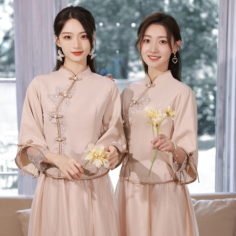 中式伴娘服2024新款小个子姐妹团礼服中国风旗袍汉服大码伴娘裙女