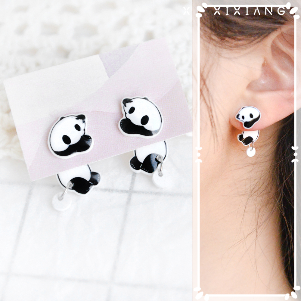 新款原创大熊猫耳环分体式设计耳钉女纯银针耳夹无耳洞小巧可爱萌