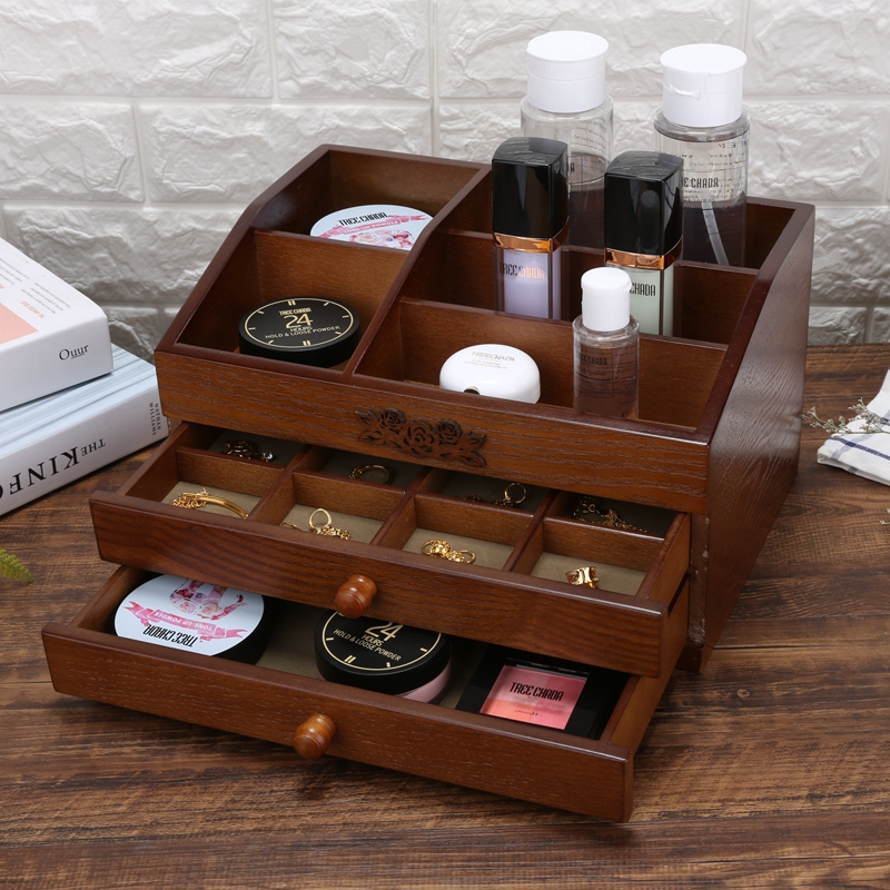 化妆品收纳盒木质复古桌面简约抽屉式化妆盒梳妆台护肤品置物架