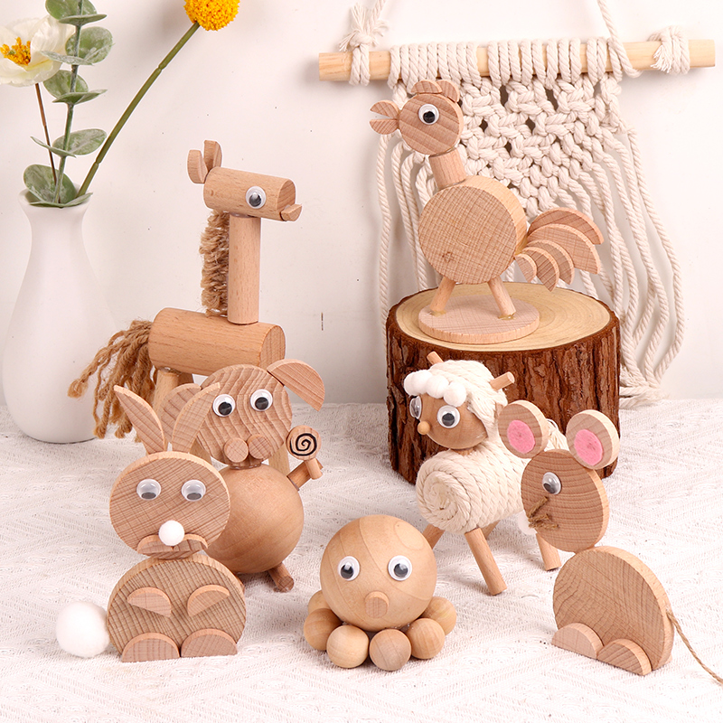 幼儿园立体儿童创意diy动物原木质自然材料包亲子手工制作半成品