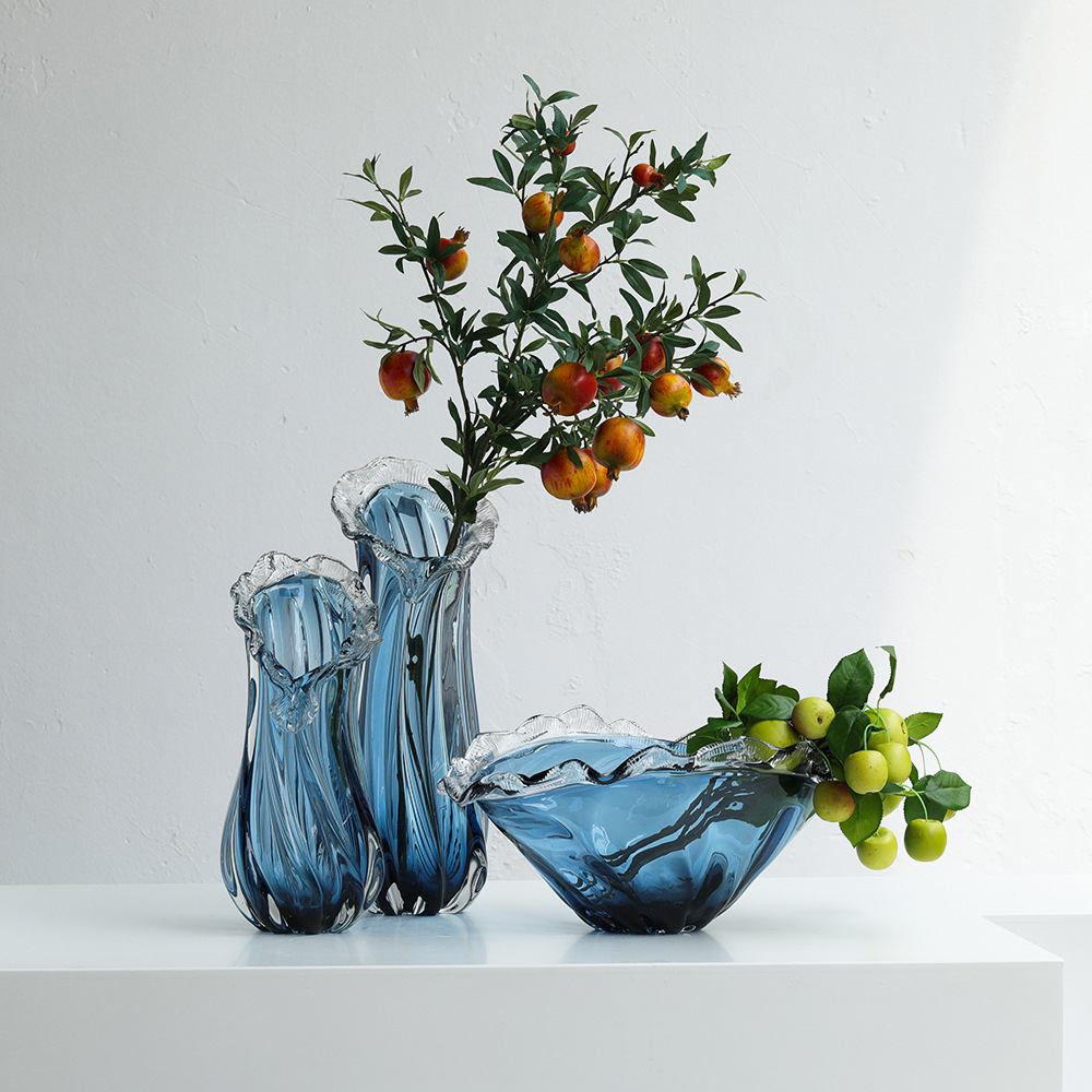 轻奢蓝色玻璃花瓶厚重波浪花边水果盘居家客厅桌面样板间装饰摆件
