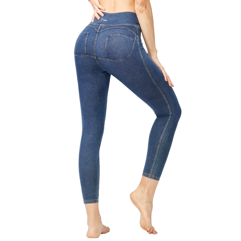 iyoga 新品时尚牛仔瑜伽裤耐穿高腰塑形收腰弹力创意提臀九分裤