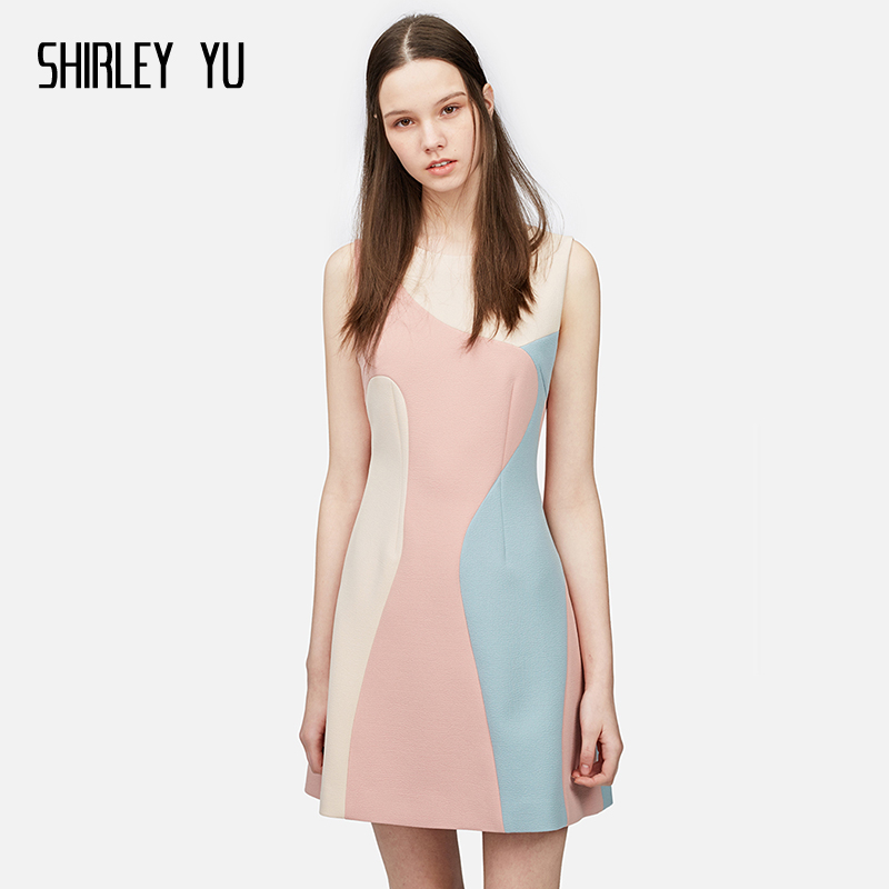 SHIRLEY YU原创设计明星同款春夏新款粉色拼色连衣裙无袖背心裙女