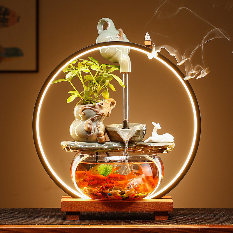 创意悬壶流水喷泉圆形小鱼缸摆件水循环招财家用养鱼缸桌面办公室