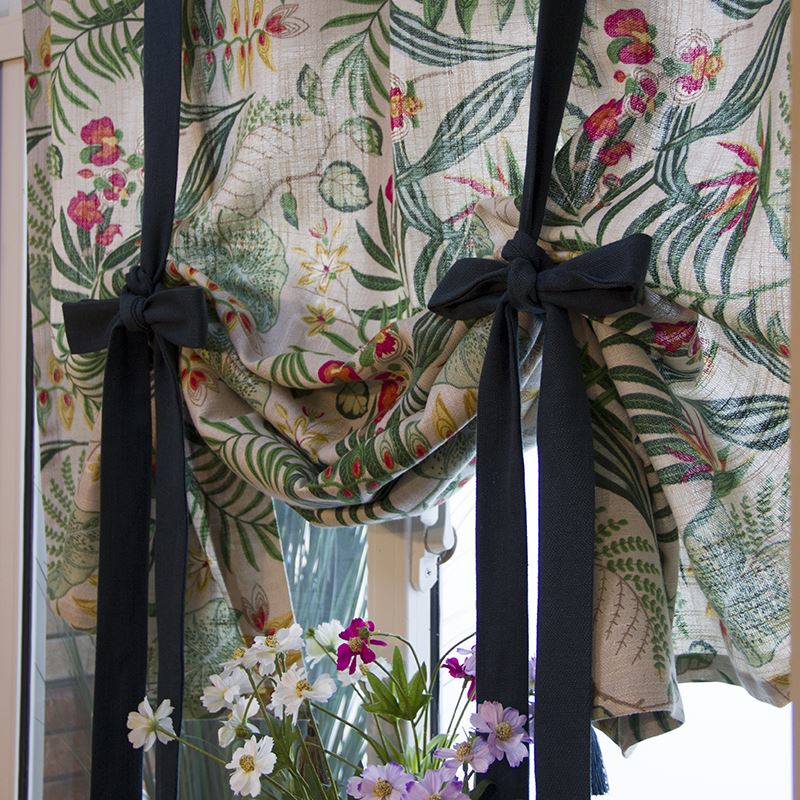北欧绿色几何植物美式复古提拉帘厨房卫生间隔断系带成品窗帘涤麻