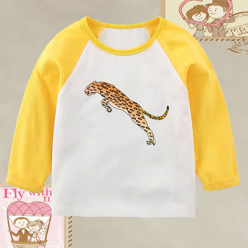 男童豹子图案衣服 女孩子黄色插肩上衣动物宝宝亲子装表演长袖T恤