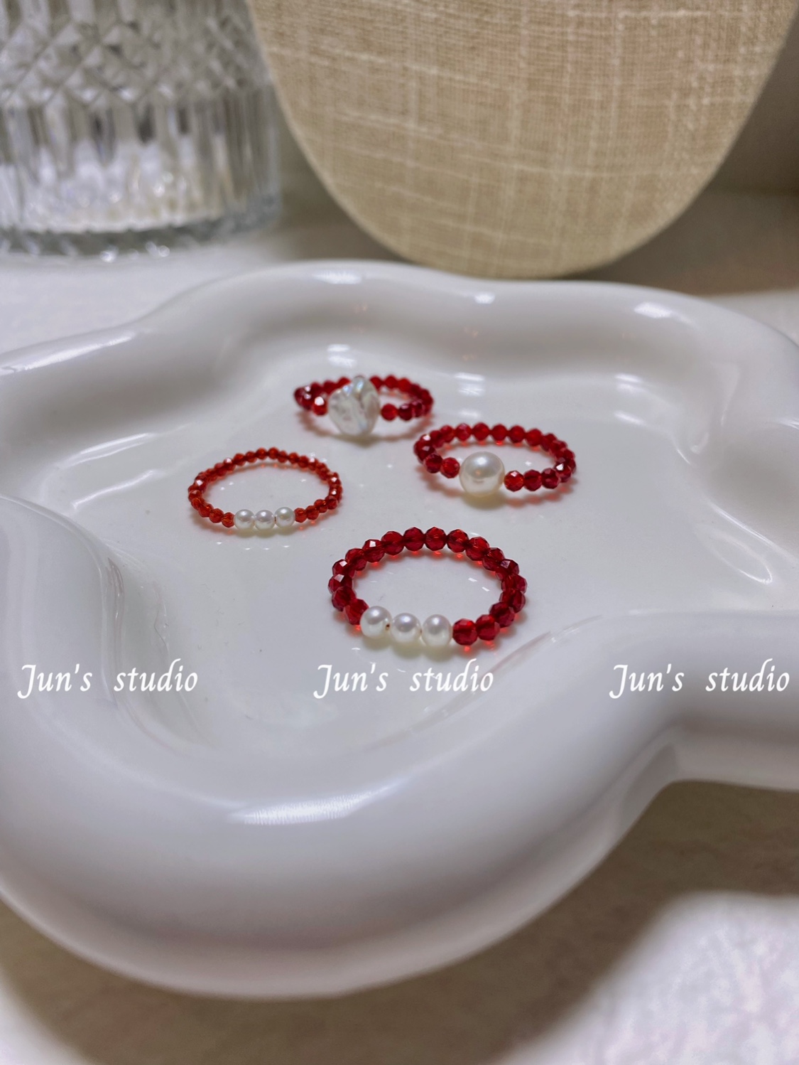 Jun's原创设计时尚简约新年红进口红宝石淡水珍珠戒指女款高级感