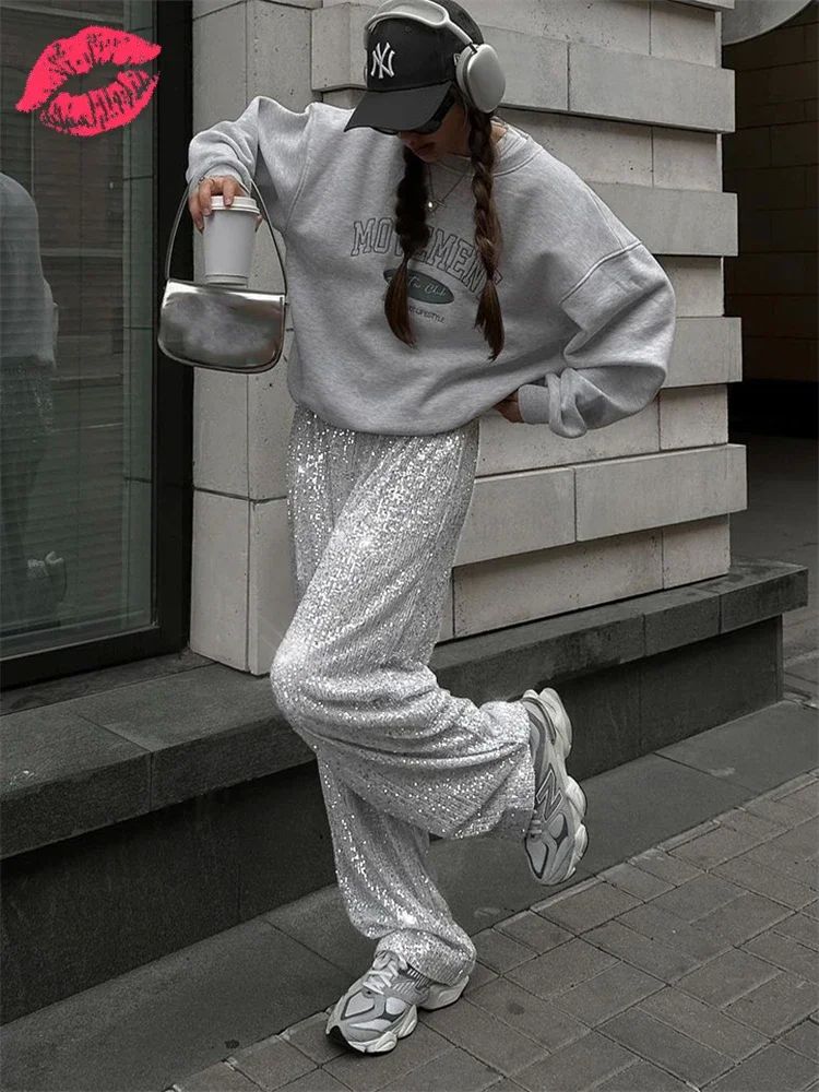 Tossy Silver Sequin Female Trousers High Waist Casual Luxury