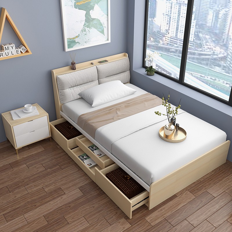 北欧简约小户型儿童床1.2米小床卧室单人L床现代板式储物床收纳床